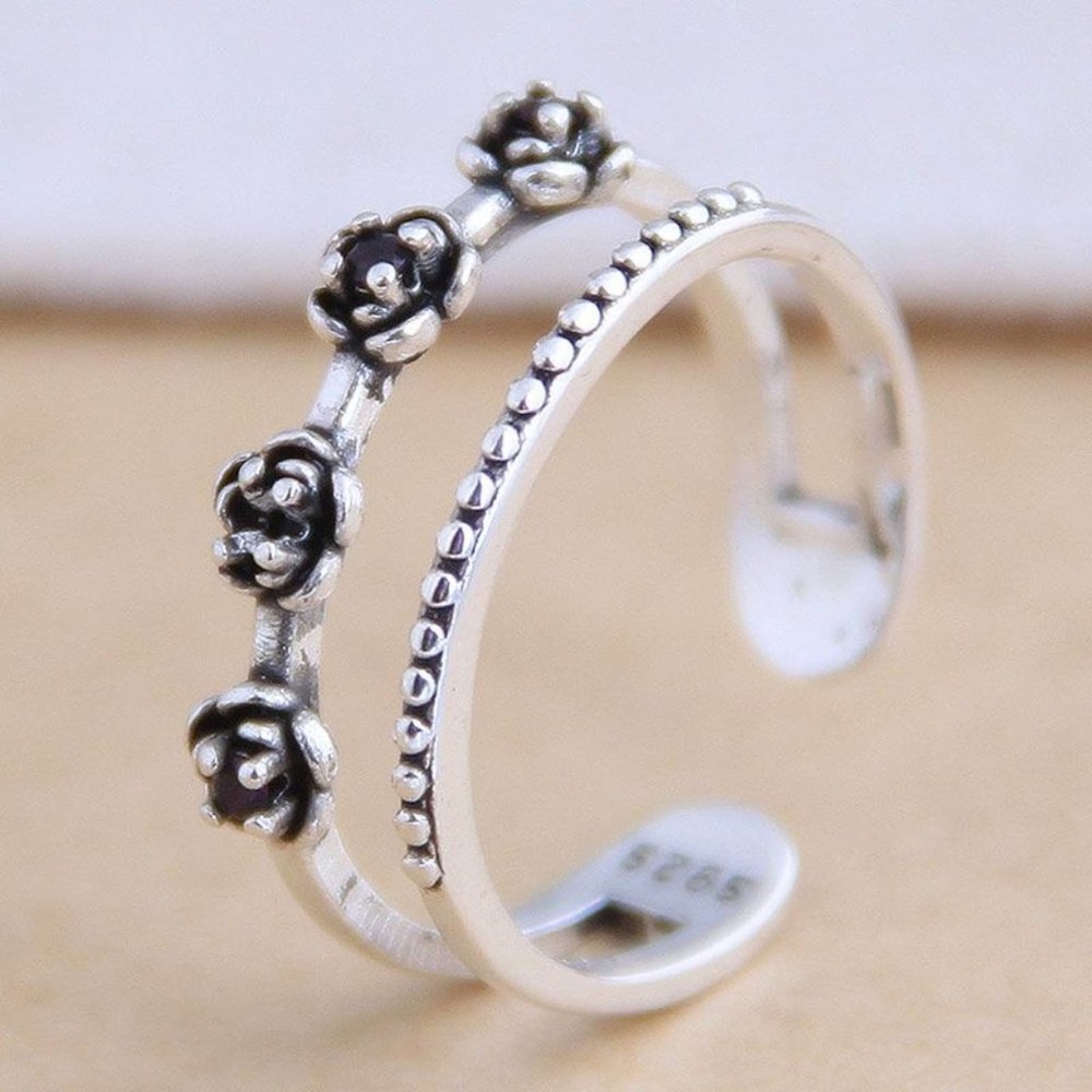 Sterling Silver Retro Rose Open Ring